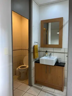 a bathroom with a sink and a toilet and a mirror at Century City Studio with Table Mountain Views in Cape Town