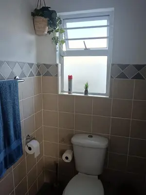 a bathroom with a toilet and a window at Cozy, self-catering Garden Flat in Cape Town