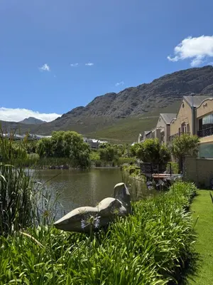 a boat in the grass next to a body of water at Franschoek Lermitage Villa 33 Three Bedroom Lake View in Franschhoek