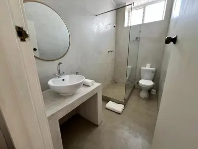 a bathroom with a sink and a mirror and a toilet at Avignon Guesthouse in Worcester