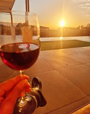 a person holding a glass of wine with the sunset in the background at Val Mor country house in Paarl
