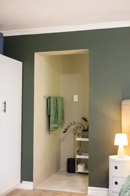 a bedroom with green walls and a mirror at 44 on Mountain Drive in Hermanus