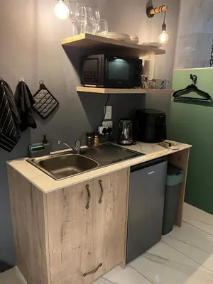 a kitchen with a sink and a microwave at Southern Comfort Guest House in Bellville