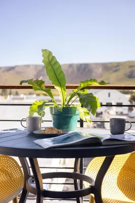 a table with a potted plant on a balcony at Mountain-View Studio - Hermanus Waterfront Apartments in Hermanus