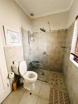 a bathroom with a toilet and a shower at Dottie's charming cottage two bedroom apartment and workspace in Paarl