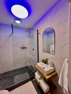 a bathroom with a sink and a shower with a mirror at 34 On The Den in Stellenbosch