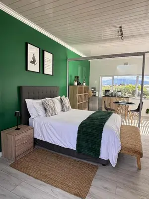 a bedroom with a bed with a green wall at Jacana Lodge Zeekoevlei in Lotus River