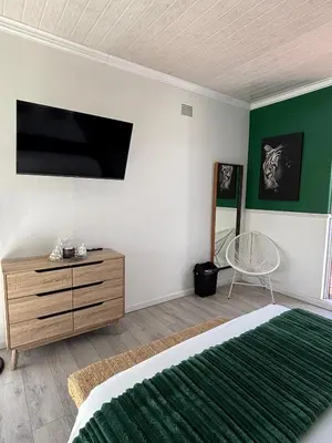 a bedroom with a bed and a tv on the wall at Jacana Lodge Zeekoevlei in Lotus River