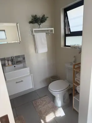 a bathroom with a toilet and a sink and a window at Little Haven in Kenridge