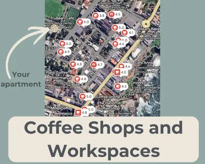 a map of coffee shops and warehouses at Whale Melody Love Hermanus in Hermanus