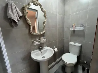 a bathroom with a toilet and a sink and a mirror at Central Somerset Stay in Somerset West