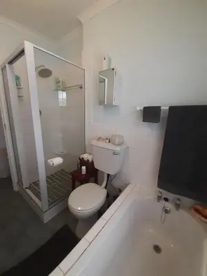 a white bathroom with a toilet and a shower at Cosy Stay - Homestay with Linda & Garfield in Gordonʼs Bay