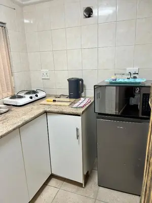 a kitchen with a stove and a microwave at M&D Guest House in Bellville