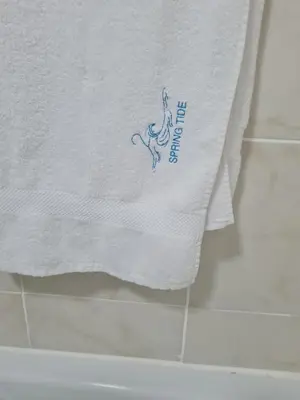 a towel hanging on a wall in a bathroom at Spring Tide Beach Flat Child Petfriendly Hot Tub in Bloubergstrand