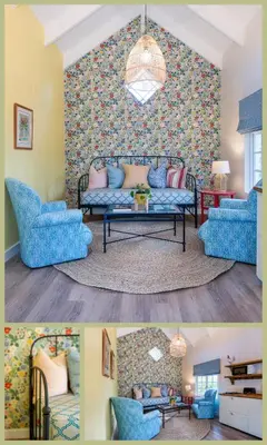 two pictures of a living room with a couch at Bramley Cottage, Cheverells Farm in Grabouw