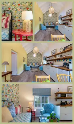 a collage of three pictures of a living room at Bramley Cottage, Cheverells Farm in Grabouw