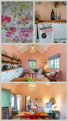 a collage of photos of a kitchen and a living room at Cripps Cottage, Cheverells Farm in Ouda Brug