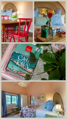 a collage of pictures of a room with a bed and a table at Cripps Cottage, Cheverells Farm in Ouda Brug