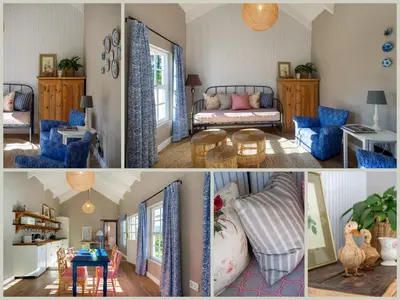 two pictures of a living room with blue furniture at Crabapple Cottage, Cheverells Farm in Ouda Brug