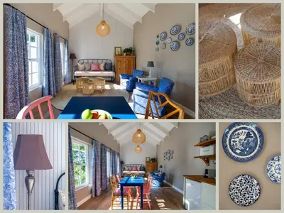a collage of photos of a living room and dining room at Crabapple Cottage, Cheverells Farm in Ouda Brug
