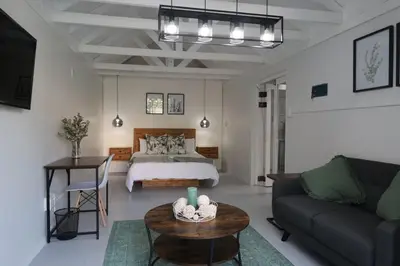 a bedroom with a bed and a couch and a table at 64 On Forest in Cape Town