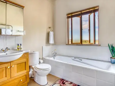 a bathroom with a tub and a toilet and a sink at Blue Crane House