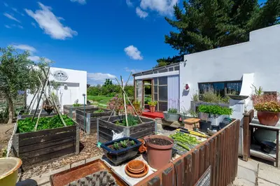 a garden with many pots of plants on a fence at The smallest farm in Africa ELGIN in Grabouw