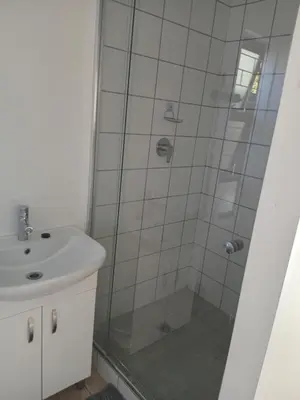 a bathroom with a shower and a sink at Lucian Bed and Breakfast in Goodwood