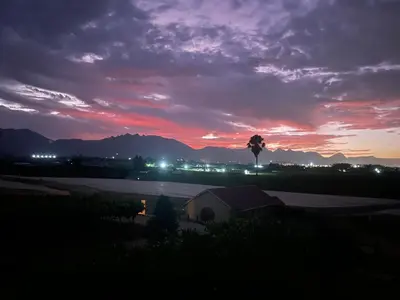 a sunset with a tree in the middle of a field at Belle Vallee Guestroom 1 in Wellington
