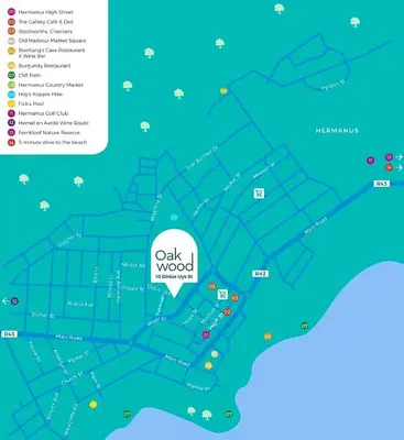 a map of oakwood neighbourhood with the oakwood sign at Central Town Duplex with Pool, BBQ & Mountain View in Hermanus
