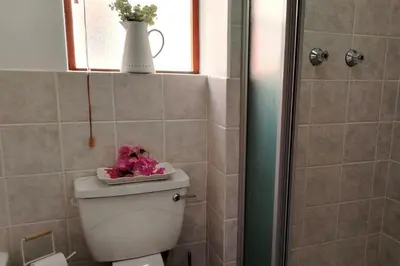 a bathroom with a toilet with flowers on top of it at Stylish Apartment in Hermanus in Hermanus