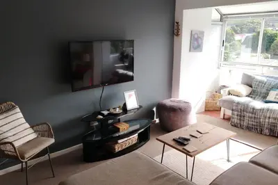 a living room with a couch and a tv on a wall at Stylish Apartment in Hermanus in Hermanus