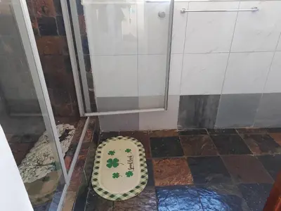 a bathroom with a shower and a rug on the floor at Duminy Lodge Monthly Rentals in Bellville