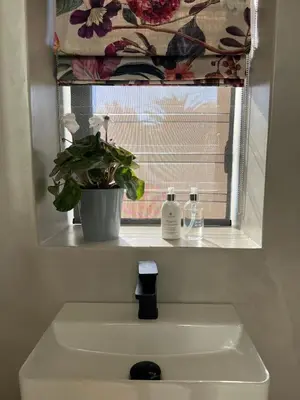 a bathroom sink with a window and a plant at Villa Victoria in Paarl