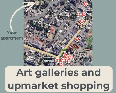 a map of art galleries and umbrella shops at Chic Coastal Hideaway in Hermanus