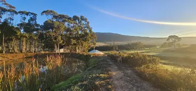 a pond with trees and a tent in a field at Hoopoe Cottage Horns op de Hoek in Hartebeest Rivier