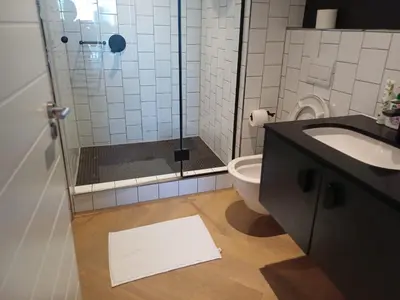 a bathroom with a shower with a toilet and a sink at 1bedroom Luxe Nine Palms near Canal Walk in Cape Town