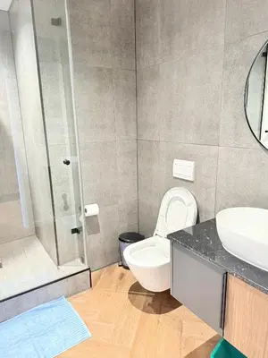 a bathroom with a toilet and a sink and a shower at Luxe Studio - On Park near Canal walk Century City in Cape Town