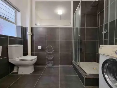 a bathroom with a toilet and a walk in shower at Sunny Spacious Stellenbosch 3 bed garden apartment in Stellenbosch