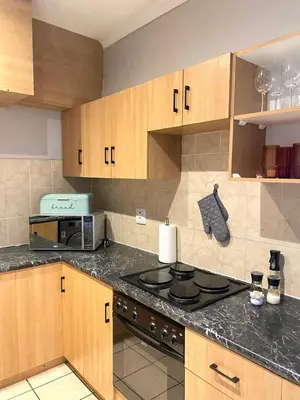 a kitchen with a stove and a microwave at Nunu's Self Catering Apartment in Paarl