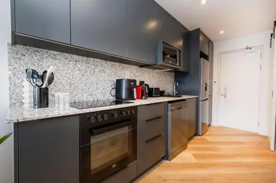 a kitchen with black appliances and a wooden floor at Paarl 137 - Superior Studio Apartment with AC and Parking in Paarl