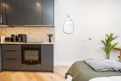 a kitchen with black cabinets and a stove top oven at Paarl Studio 138 - Ultra Modern Apartment with AC and onsite Parking in Paarl