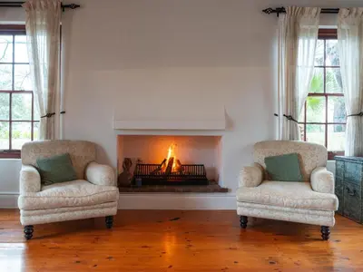 two chairs in a living room with a fireplace at The Neighbours Farm - Homestead in Stellenbosch