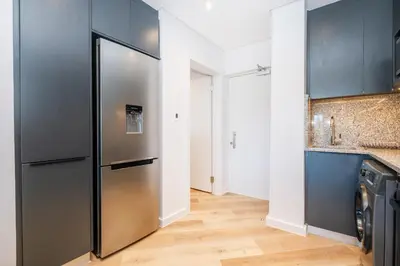 a kitchen with a stainless steel refrigerator next to a sink at Paarl 225 - Lux Modern 2 Bedroom Apartment with Parking in Paarl