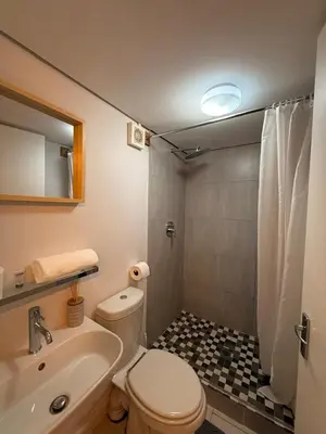 a bathroom with a toilet and a sink and a shower at Secure & Central, Modern Flatlet in Cape Town