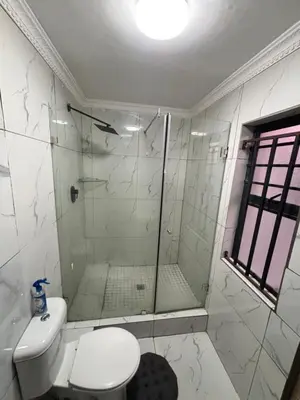 a white bathroom with a shower and a toilet at Browns villa and construction pty ltd in Cape Town