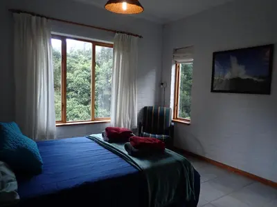 a bedroom with a bed with two red pillows on it at Yellowwood Place in Bettyʼs Bay