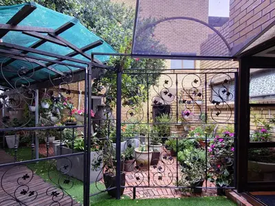 a garden with potted plants on a fence at Kiwara at C, Gordon's Bay in Gordonʼs Bay