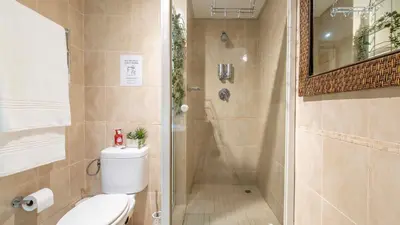 a bathroom with a shower with a toilet and a sink at The Mustard Seed in Stellenbosch