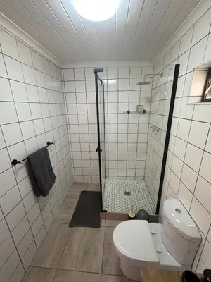 a bathroom with a shower and a toilet at Worcester accommodation Putt and Stay in Worcester